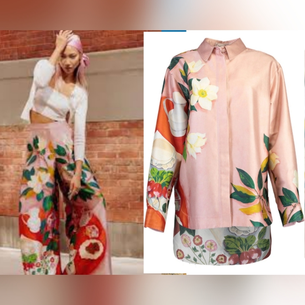 $2,675 NEW OSCAR DE LA RENTA MIKADO TABLESCAPE SILK BLOUSE BEGONIA MULTI L